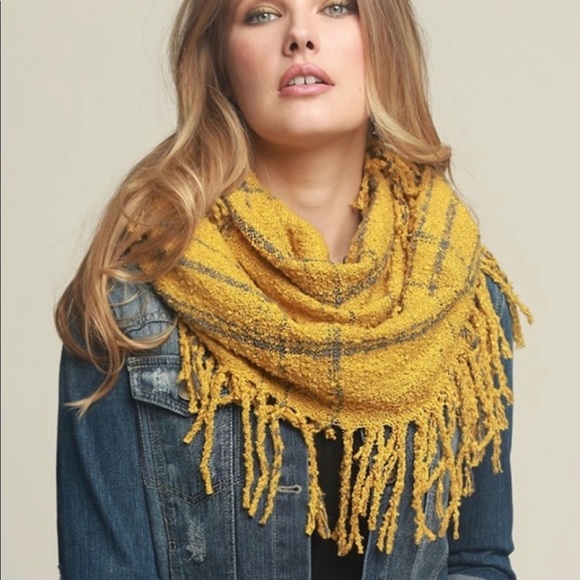 New! Ruggine Mustard Soft Fringe Plaid Infinity Scarf - Picture 2 of 2